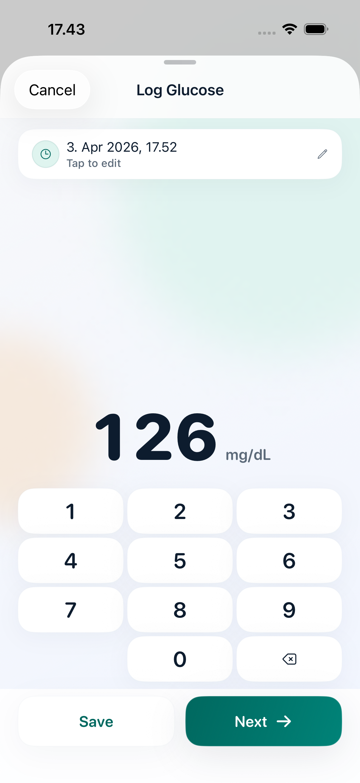 Vakaa log glucose screen with a large 118 mg/dL value, meal timing options, and a visible save action.