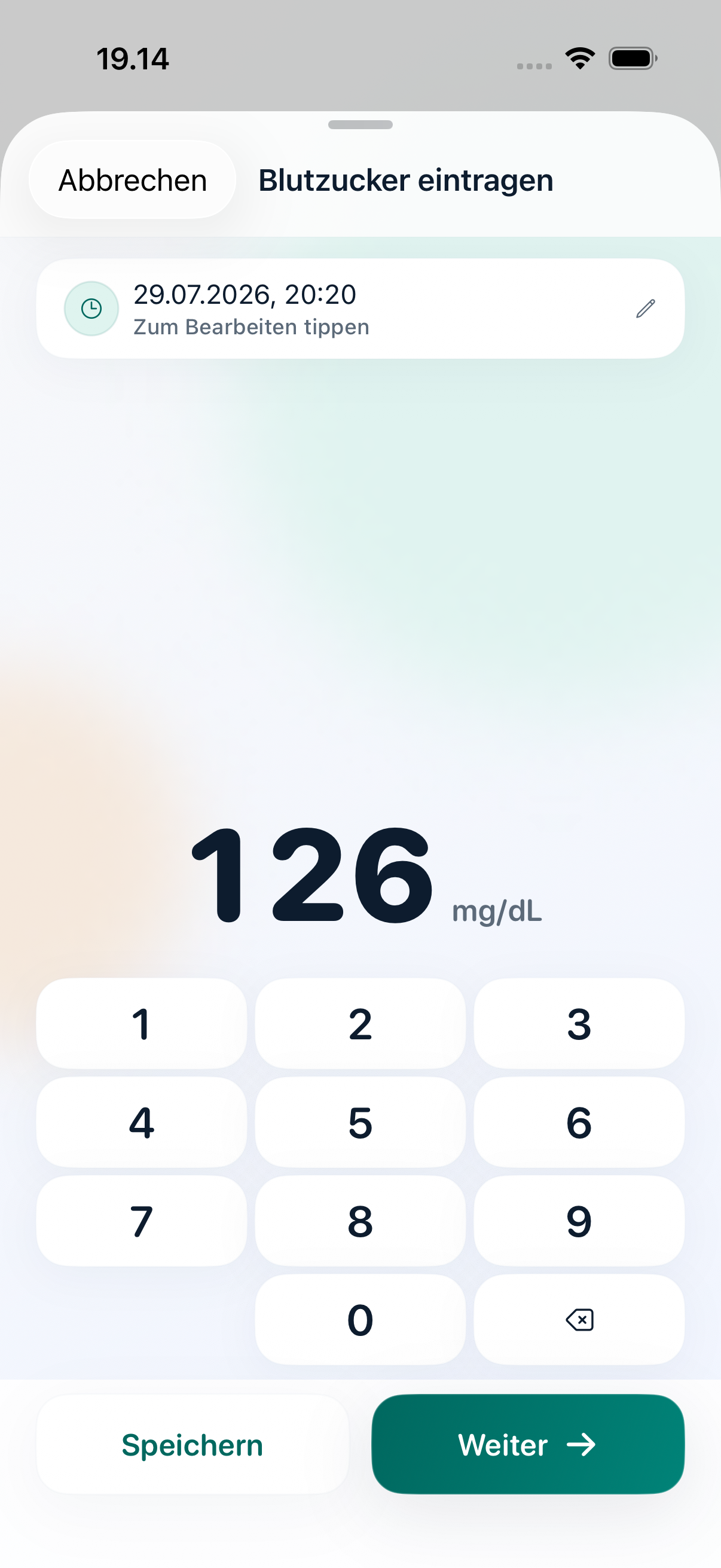 Vakaa Eingabebildschirm mit großem Wert 118 mg/dL, Mahlzeiten-Optionen und sichtbarer Speichern-Aktion.
