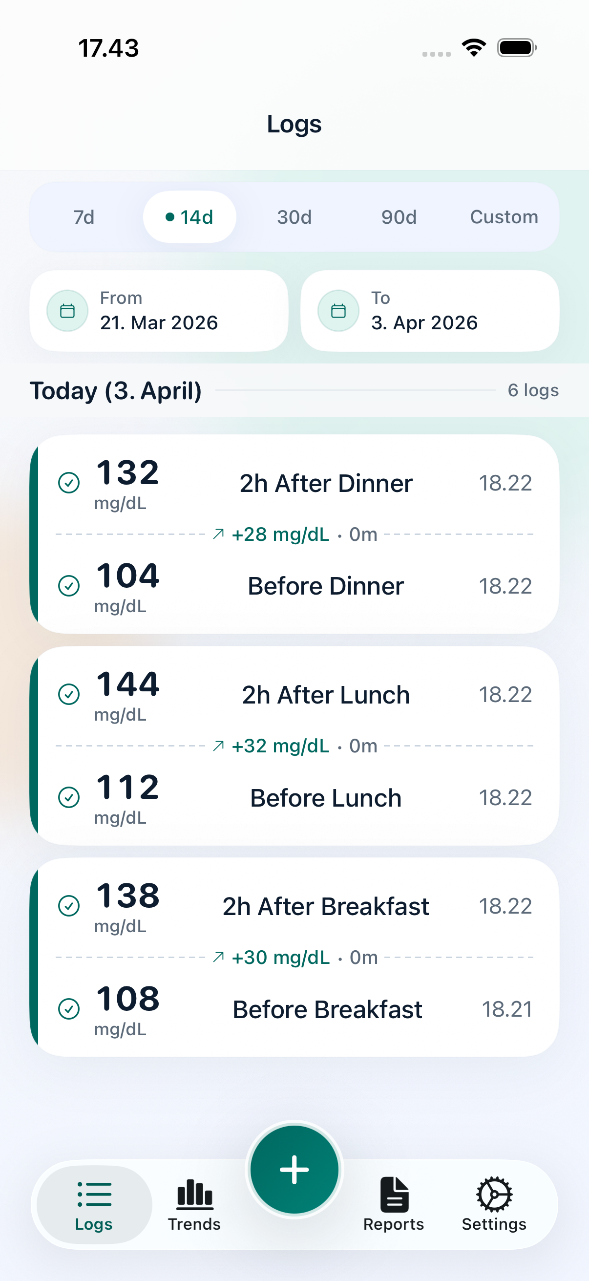 Vakaa logs screen showing paired meal readings, date controls, and a prominent teal add button.